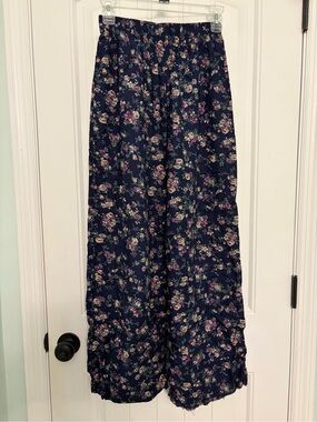 Navy Floral Flowy Pants with Elastic Waist